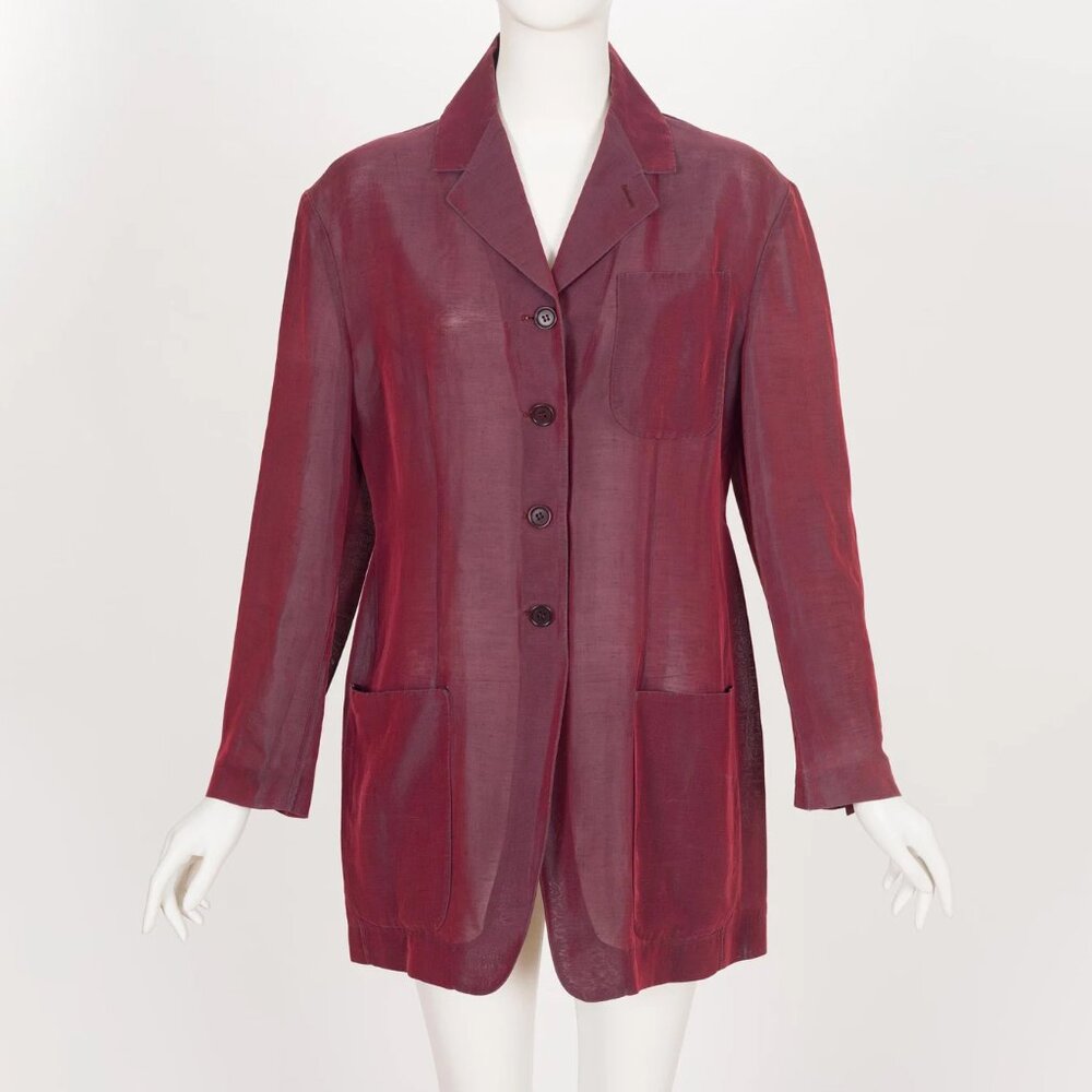 Romeo Gigli 1990s Vintage Iridescent Burgundy Linen & Silk Organza Jacket